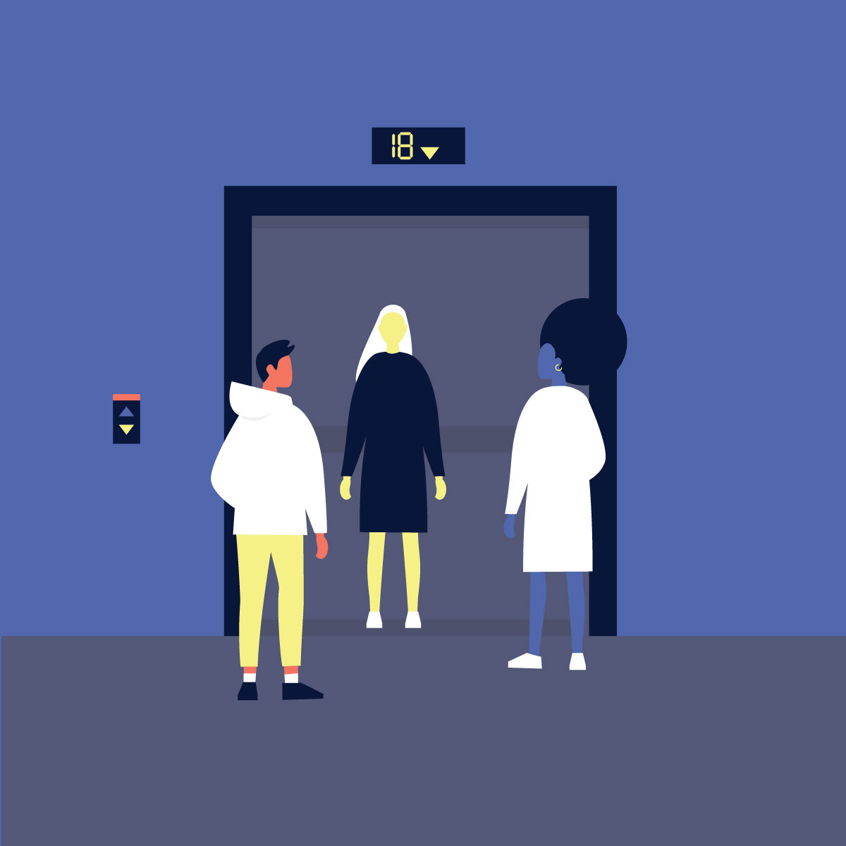 Illustration of people heading into an elevator.