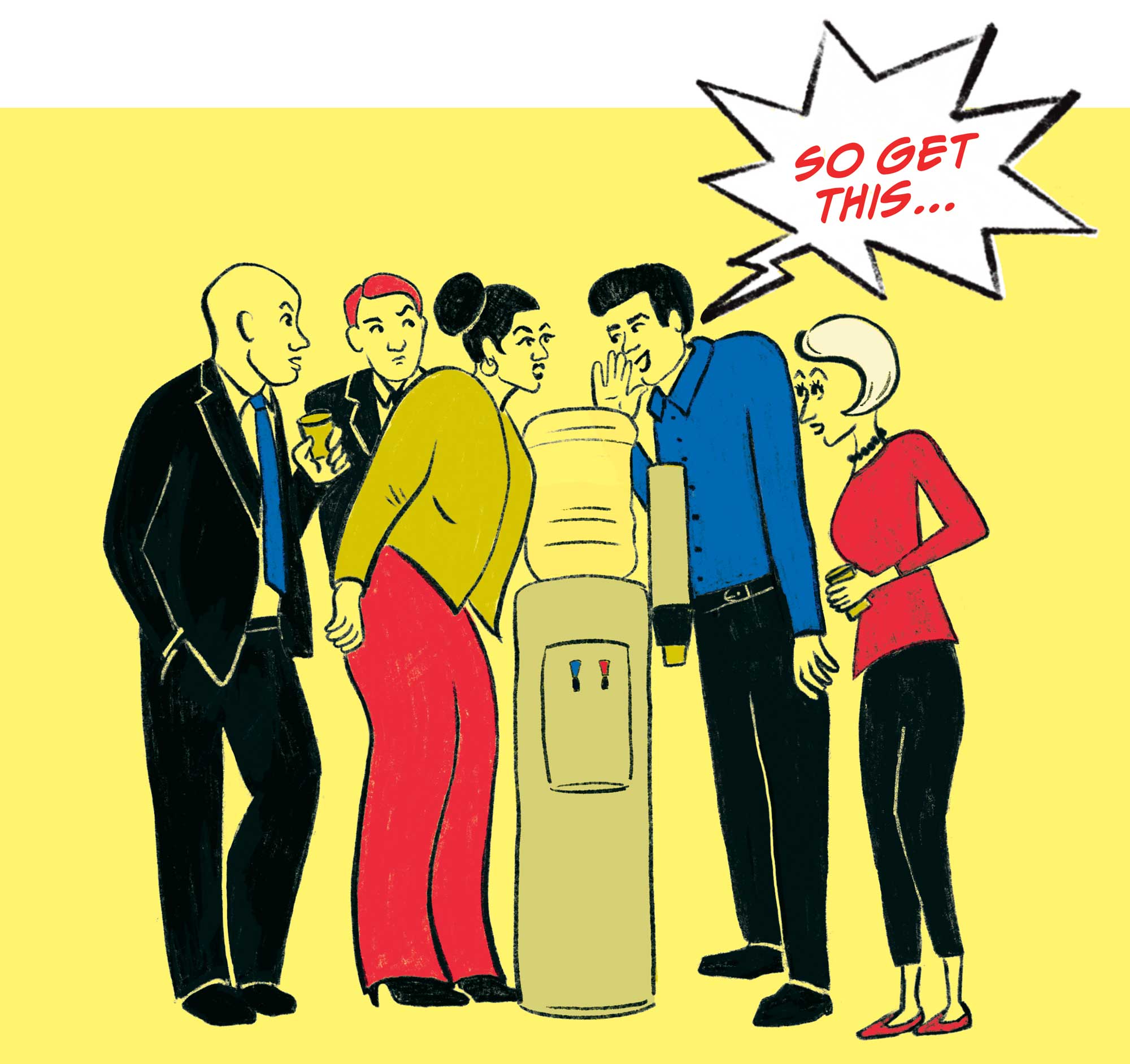 People gossiping around a water cooler