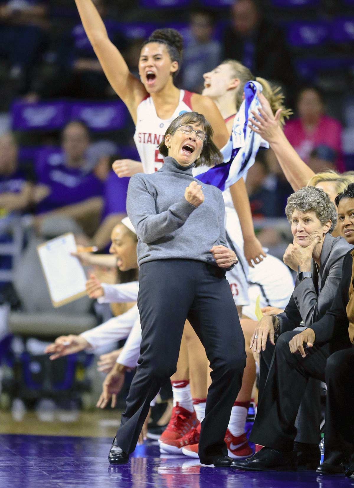 VanDerveer celebrates with a fist pump.
