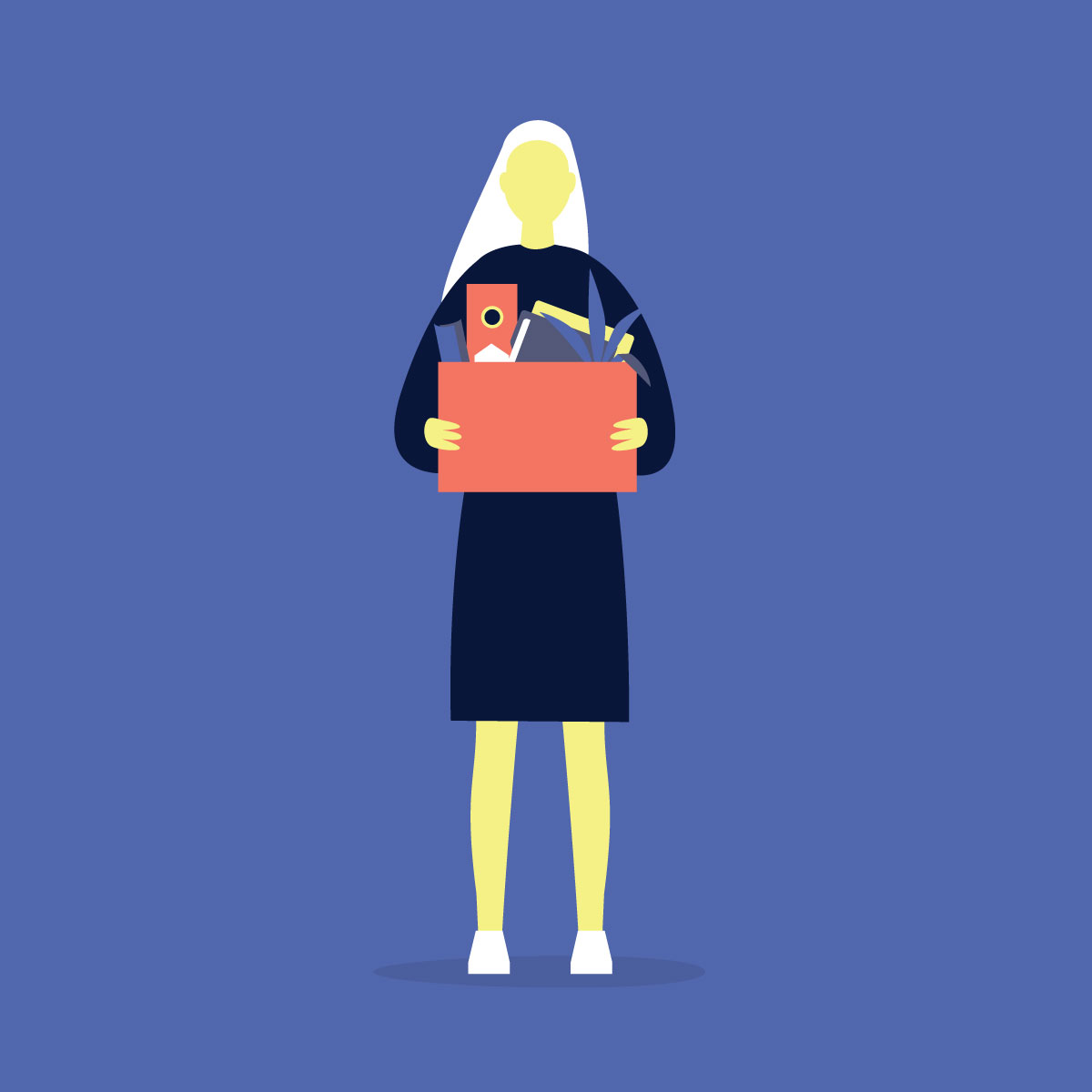 Illustration of woman carrying box of personal items.