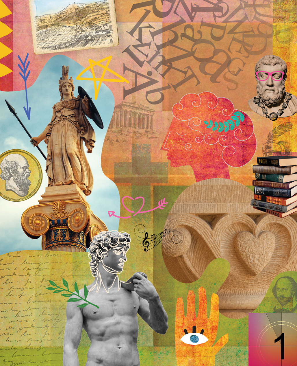 Collage illustration of Greek and Roman statues and elements that represent education and liberal learning.