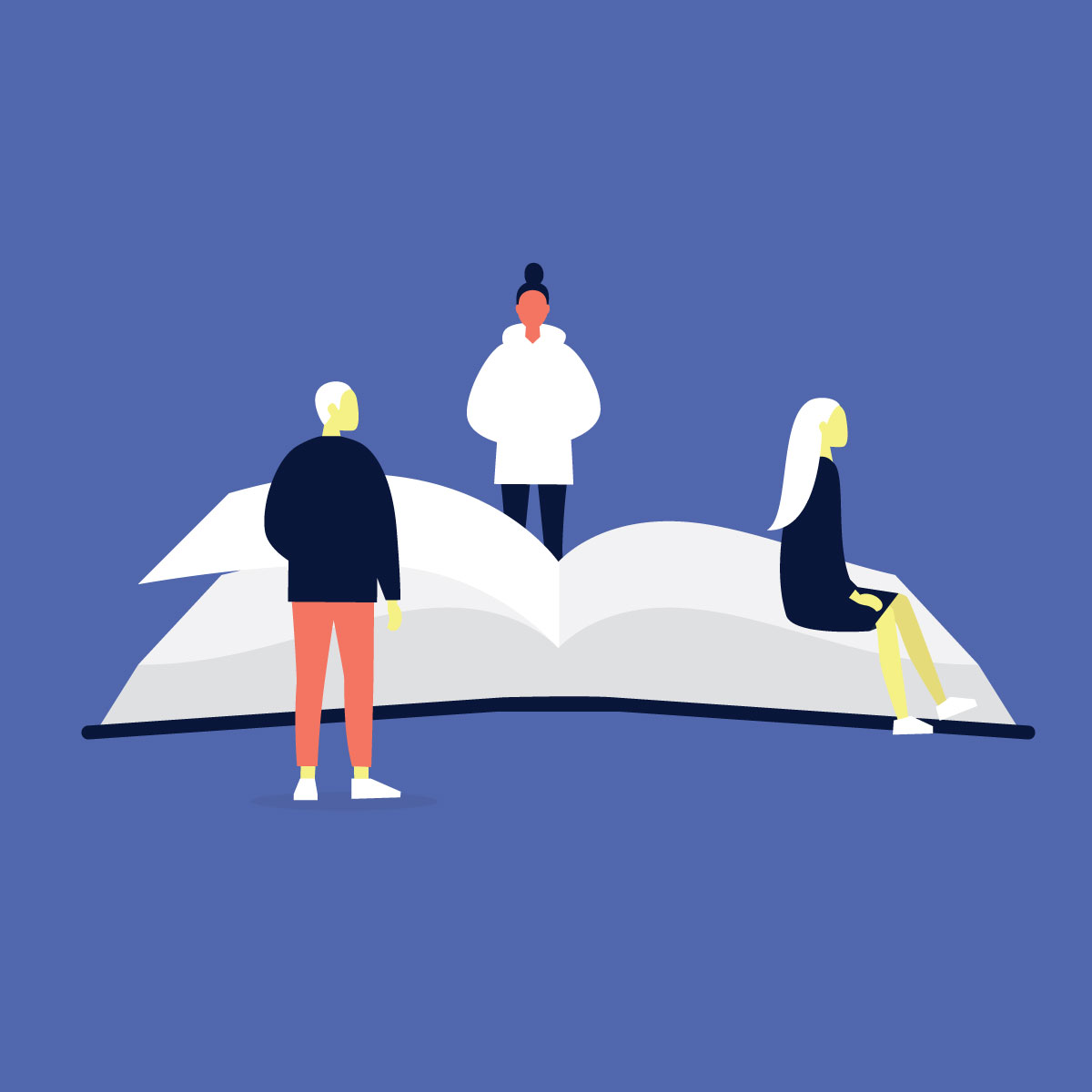 Illustration of several people mingling on a giant book.