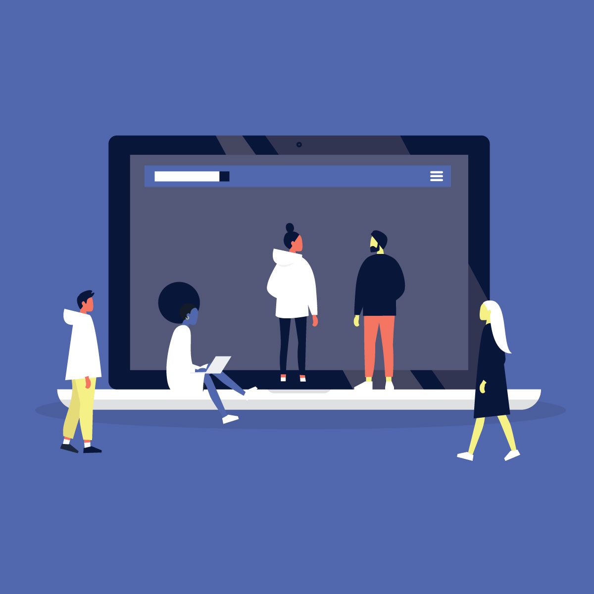 Illustration of several people mingling around giant laptop.
