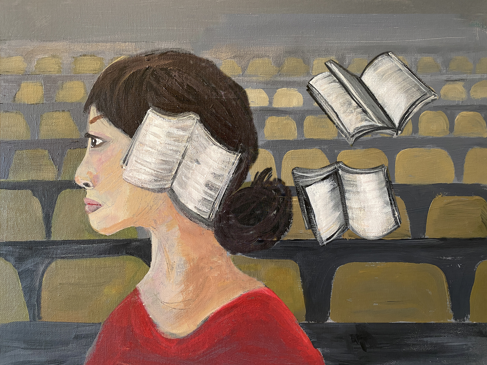 Illustration of an Asian woman in an auditorium with open books floating around her head