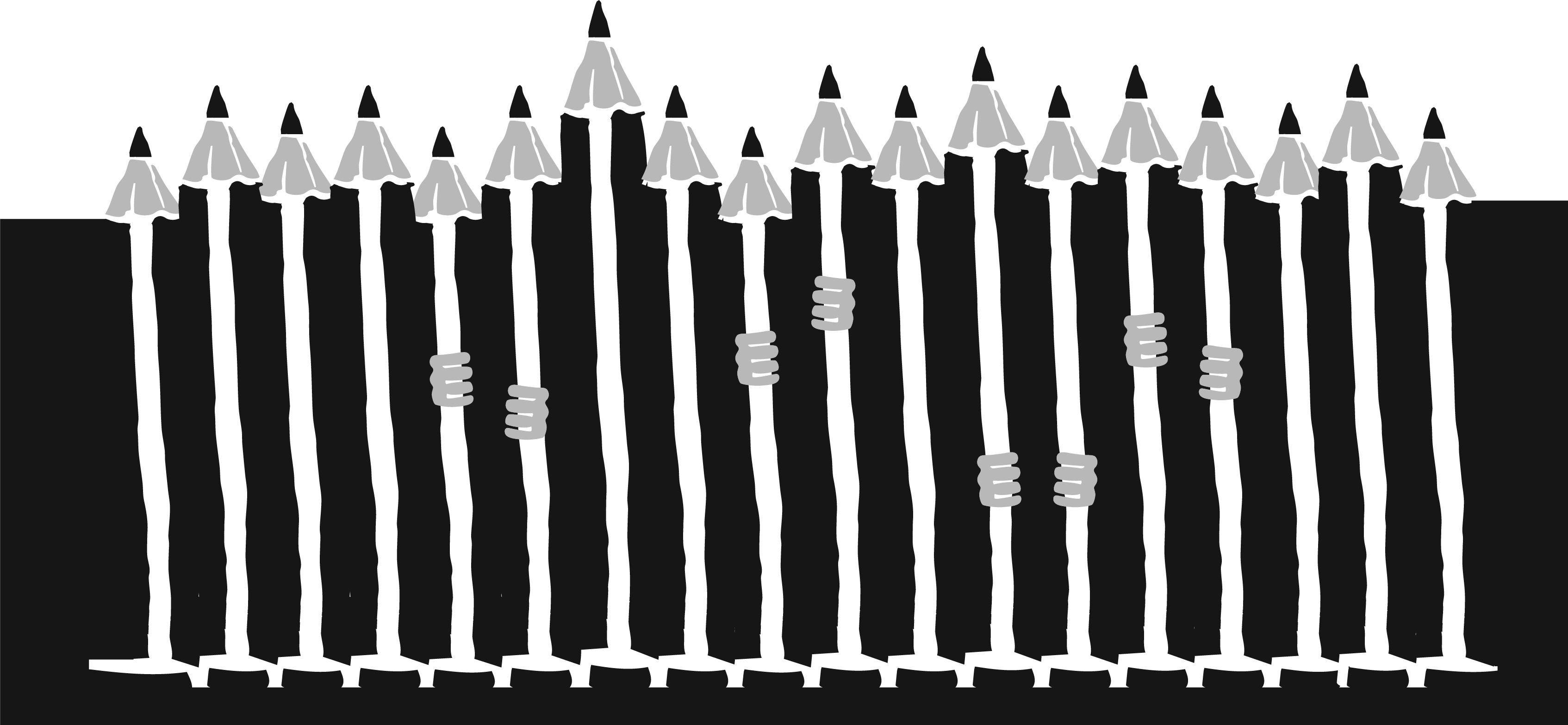 Illustration of a line-up of pencils with hands holding them, as if they’re the bars of a jail cell
